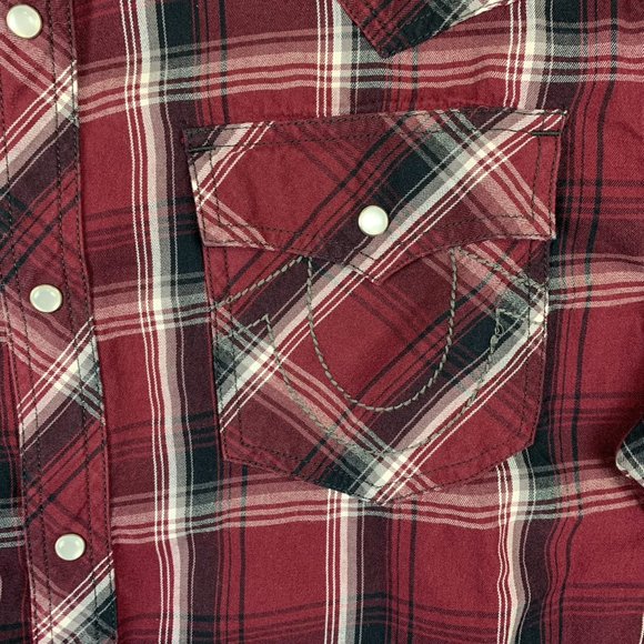 True Religion Men Shirt 2XL Red Plaid Western Snap Button Up Long Sleeve Pockets - Picture 4 of 10